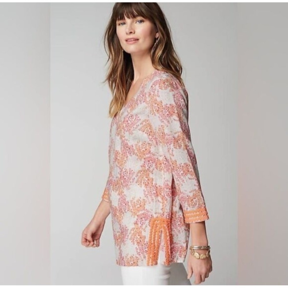 J Jill Linen Blend Coral Reef Tunic Orange White Embroidered Women's Size Small